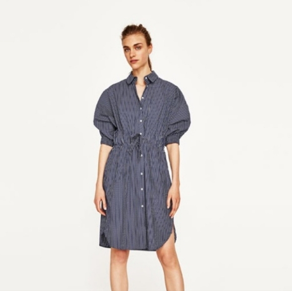 ZARA Preppy Shirt Dress long sleeve drawstring waist striped Size Medium - Picture 2 of 15
